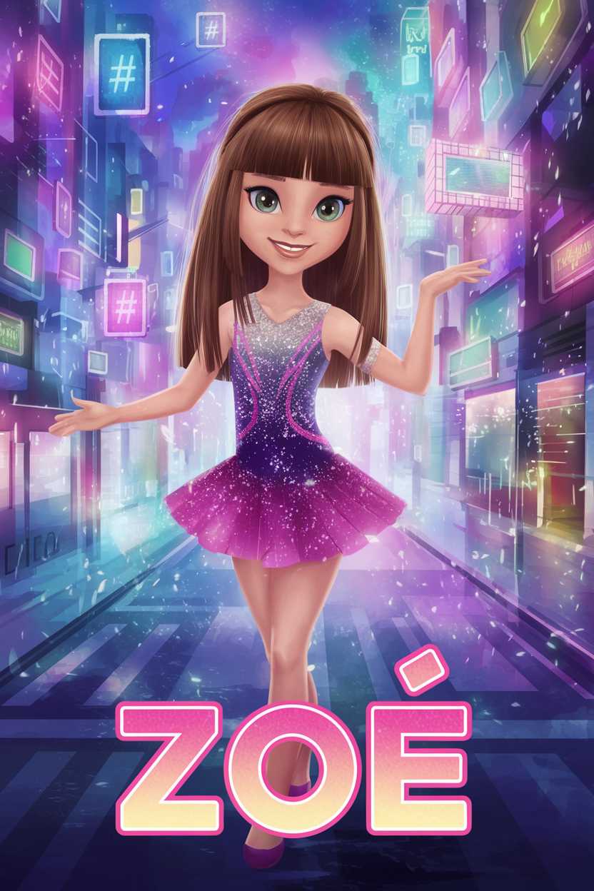 A 9-year-old girl with brown straight hair and bangs, wearing a sparkling gymnastic outfit, standing in a magical digital city with floating screens and luminous hashtags. Title 'Zoé' in vibrant letters. Whimsical anime-style digital illustration, vibrant colors, dynamic composition