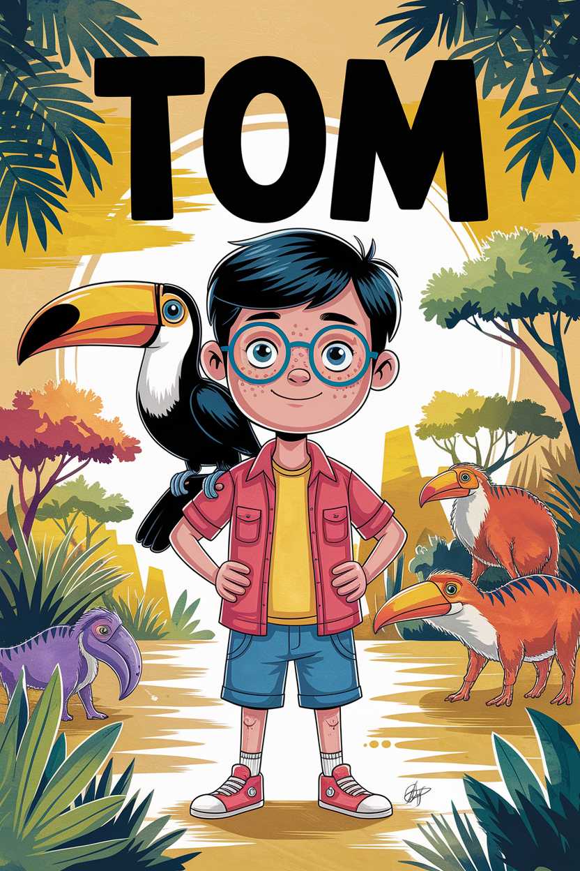 A boy with glasses and freckles standing confidently with a toucan on his shoulder, surrounded by prehistoric landscape, soft golden sunset lighting, 'Tom' written boldly, vibrant watercolor digital art, whimsical eco-adventure illustration