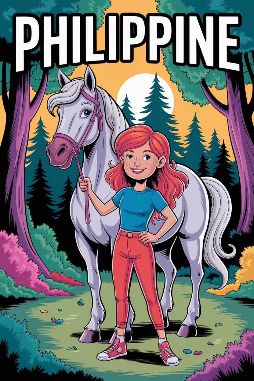 A red-haired girl with freckles and braces standing confidently with a silver horse, magical forest background, dynamic comic book composition, 'Philippine' title in bold letters, whimsical digital watercolor with magical comic-book perspective-play