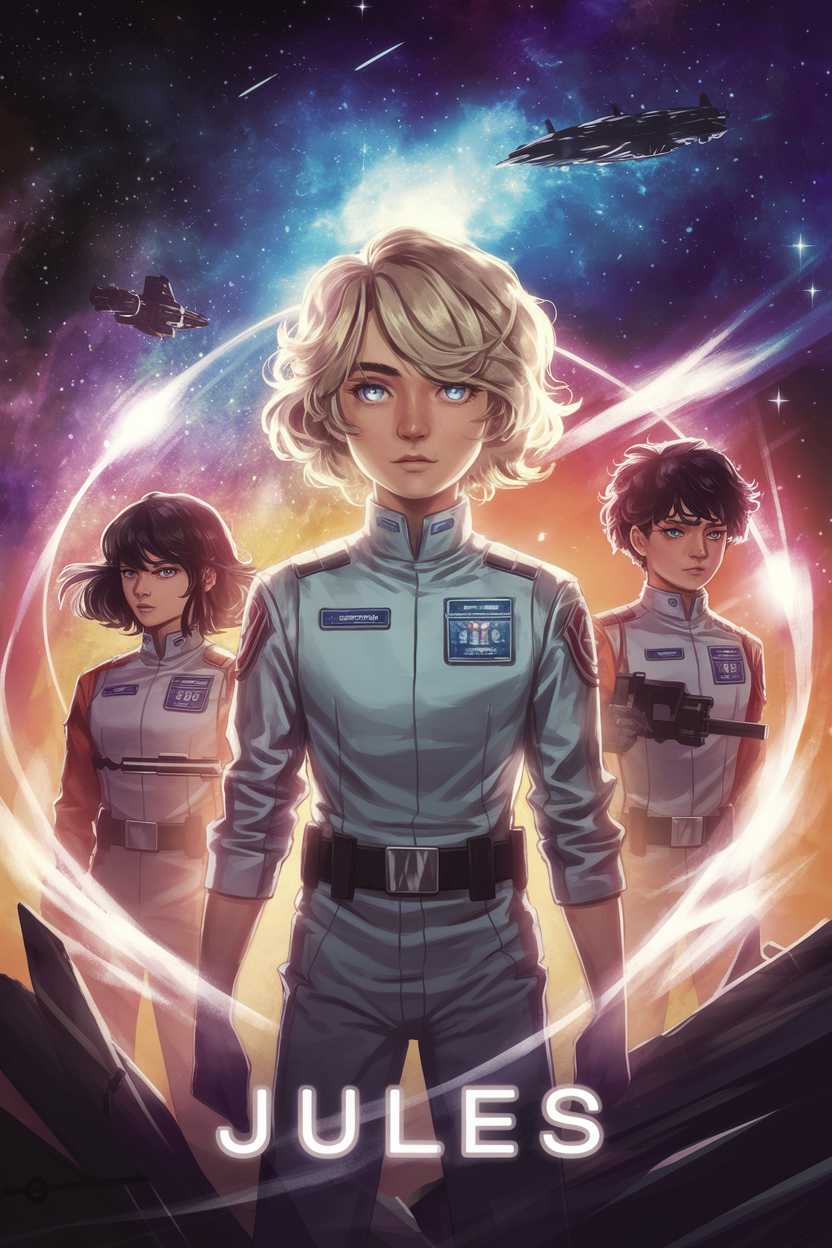 Blonde wavy-haired boy with clear eyes in silver-blue cadet uniform standing heroically, surrounded by swirling cosmic light orbs, dark-haired girl and tech boy in background, spaceship silhouette, dramatic space perspective, 'Jules' text overlay, vibrant sci-fi digital illustration with cosmic perspective play