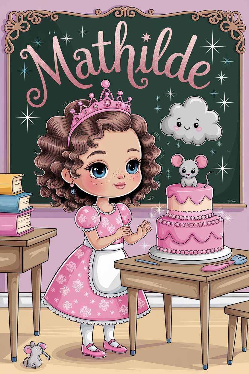 Small girl with curly brown hair in pink floral dress, standing near baking contest table, tiny white mouse on shoulder, gray cloud creature shrinking, magical sparkling words, soft classroom background, 'Mathilde' text, kawaii watercolor storybook magical princess cake chibi illustration