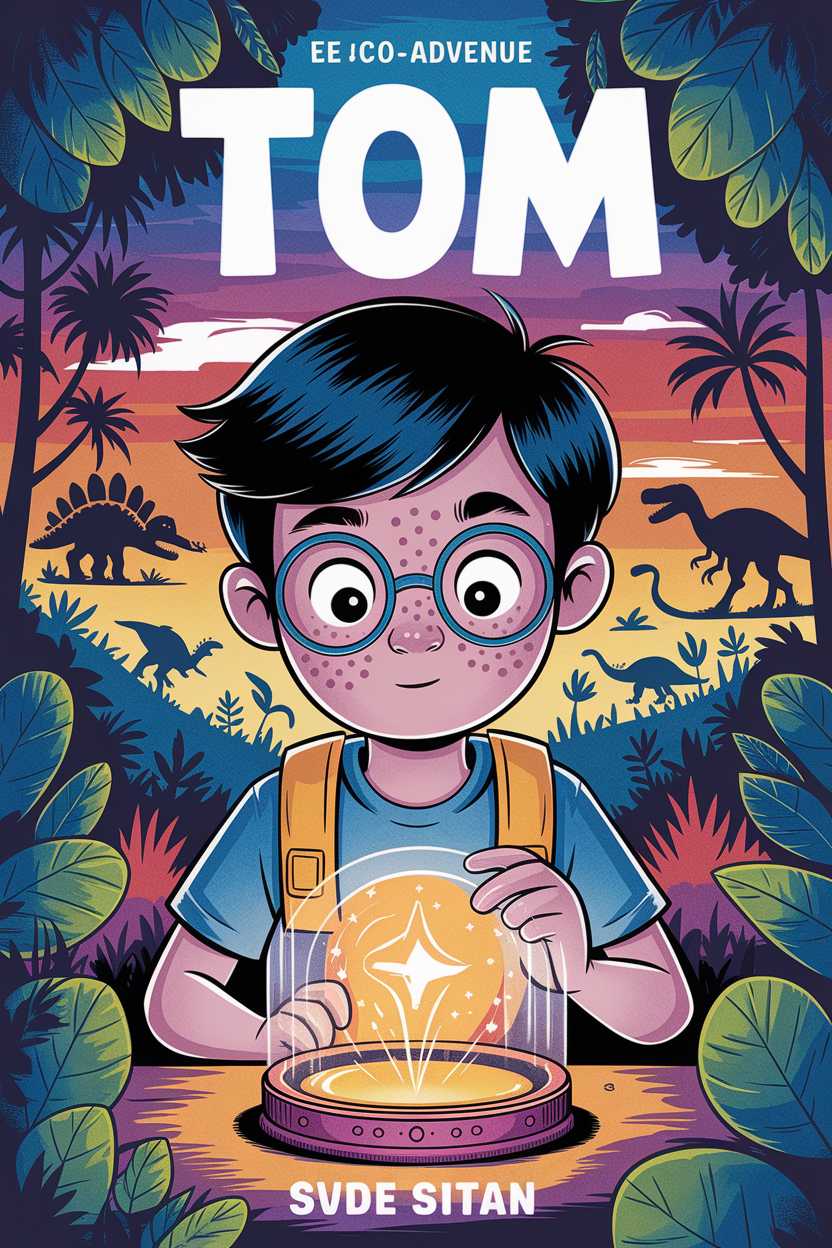 Young protagonist with freckles and glasses examining a mysterious glowing artifact, surrounded by prehistoric plants and distant dinosaur silhouettes, vibrant watercolor digital art, whimsical eco-adventure illustration, 'Tom' title prominently displayed